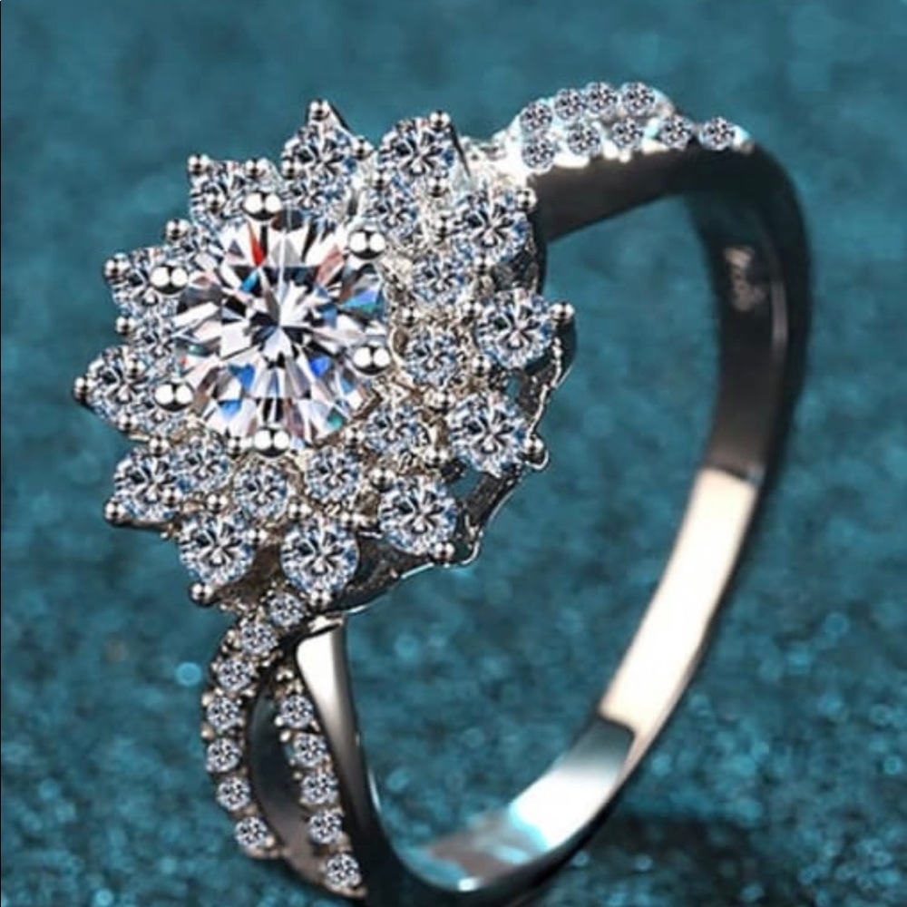 Sterling Silver Moissanite White Flower Engagement Ring